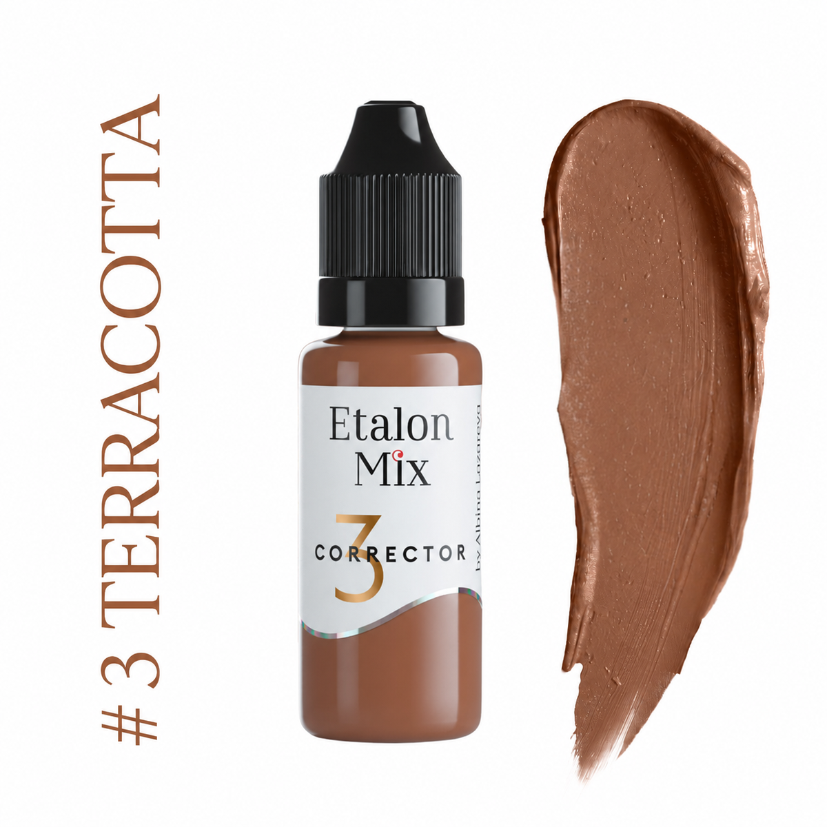 Pigmento corrector PMU Etalon Mix Corrector 3 Terracotta con muestra de color marrón cálido para neutralizar tonos fríos en micropigmentación.