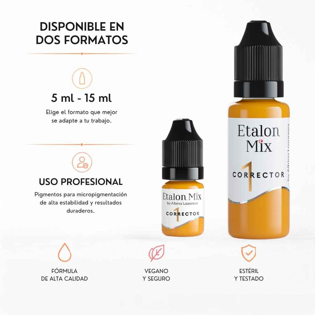 Etalon Mix Corrector Yellow 1 amarillo cálido para prácticas de corrección cromática disponible en formatos de 5 ml y 15 ml