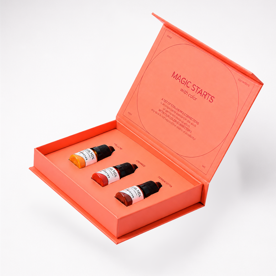 Etalon Mix Correctores set abierto con tres pigmentos PMU Yellow, Orange y Terracotta de 5 ml para correcciones cromáticas profesionales.