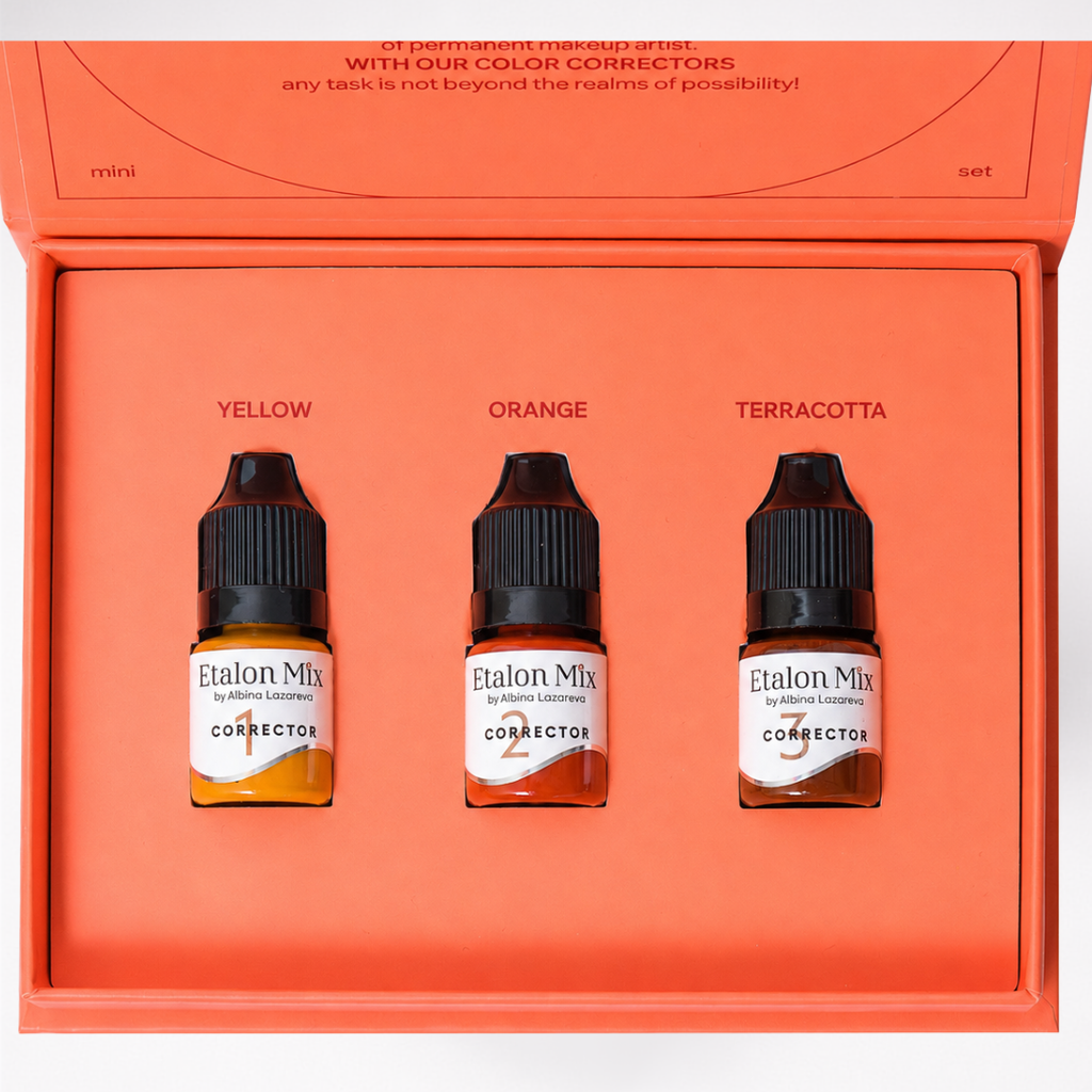 Set abierto Etalon Mix Correctores con Yellow Nº1, Orange Nº2 y Terracotta Nº3 para neutralizar colores no deseados en cejas, labios y eyeliner.