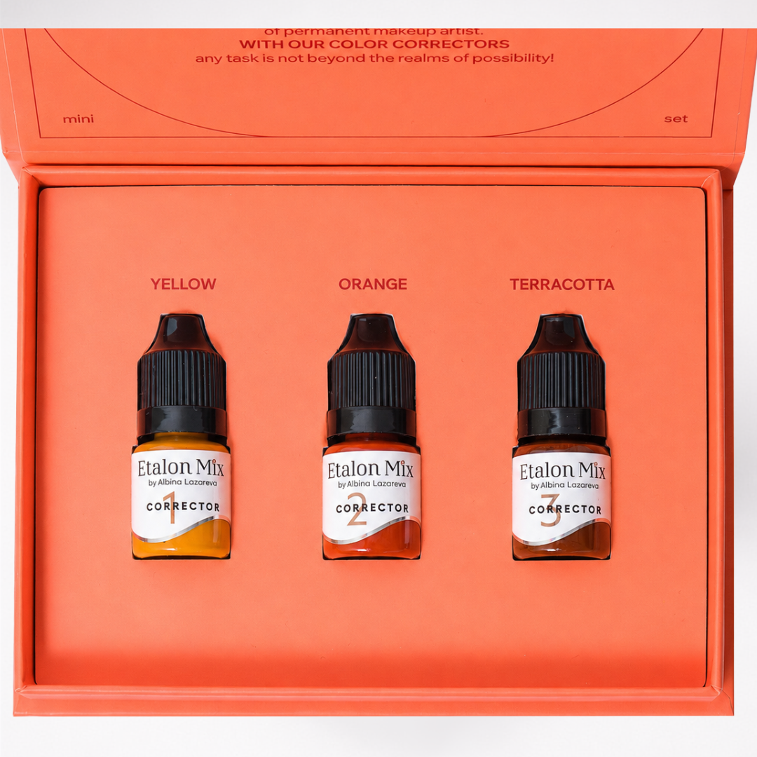 Set abierto Etalon Mix Correctores con Yellow Nº1, Orange Nº2 y Terracotta Nº3 para neutralizar colores no deseados en cejas, labios y eyeliner.
