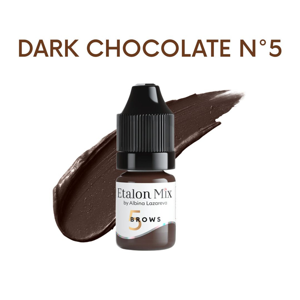Pigmento híbrido PMU Etalon Mix Dark Chocolate Nº5 para cejas marrón oscuro intenso con swatch de color y formato de 5 ml