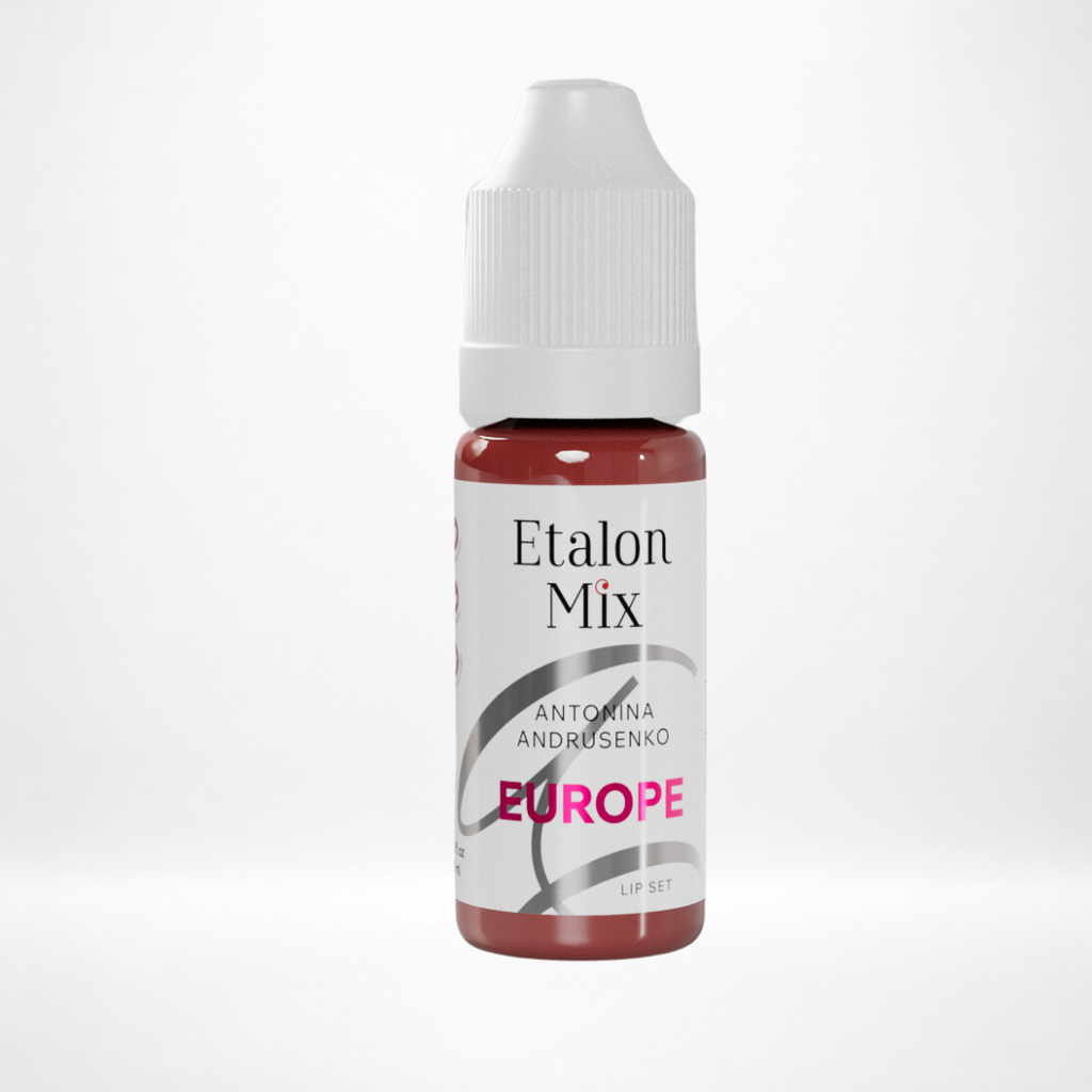 Pigmento PMU para labios Etalon Mix Europe by Antonina Andrusenko rosa rojo marrón frío en frasco profesional sobre fondo blanco
