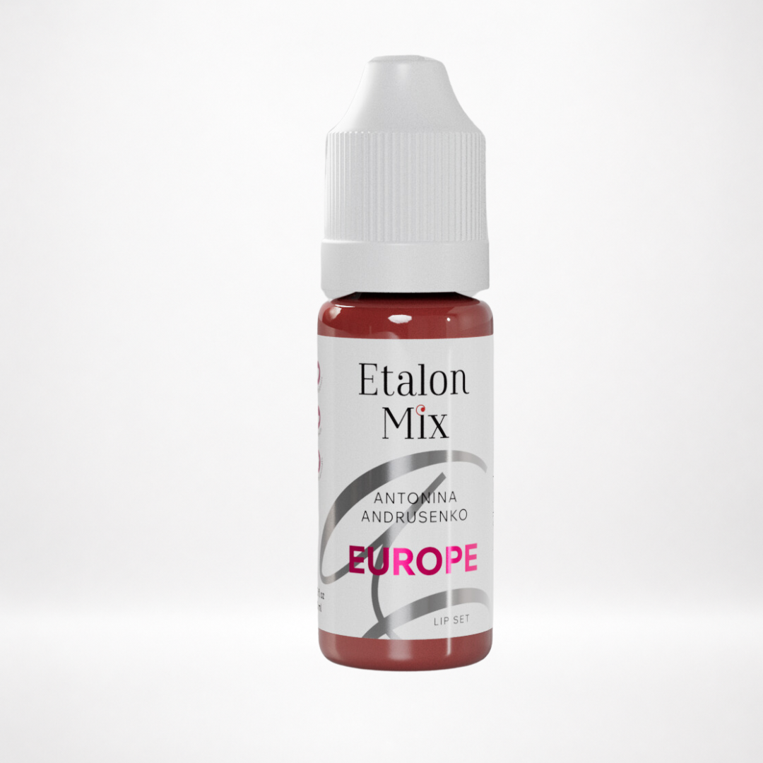 Pigmento PMU para labios Etalon Mix Europe by Antonina Andrusenko rosa rojo marrón frío en frasco profesional sobre fondo blanco