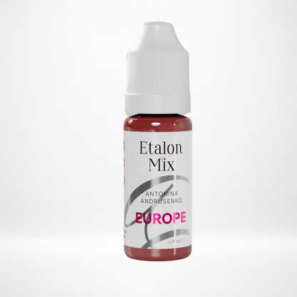 Pigmento PMU para labios Etalon Mix Europe by Antonina Andrusenko rosa rojo marrón frío en frasco profesional sobre fondo blanco