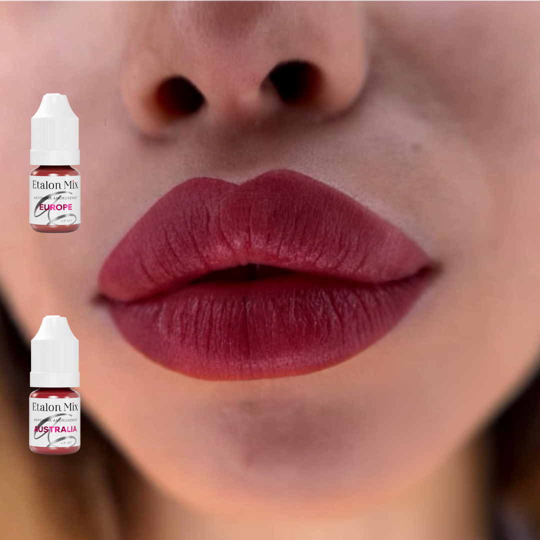 Resultado visual en labios con pigmentos Etalon Mix Europe y Australia para una tonalidad rosa marrón profunda y elegante