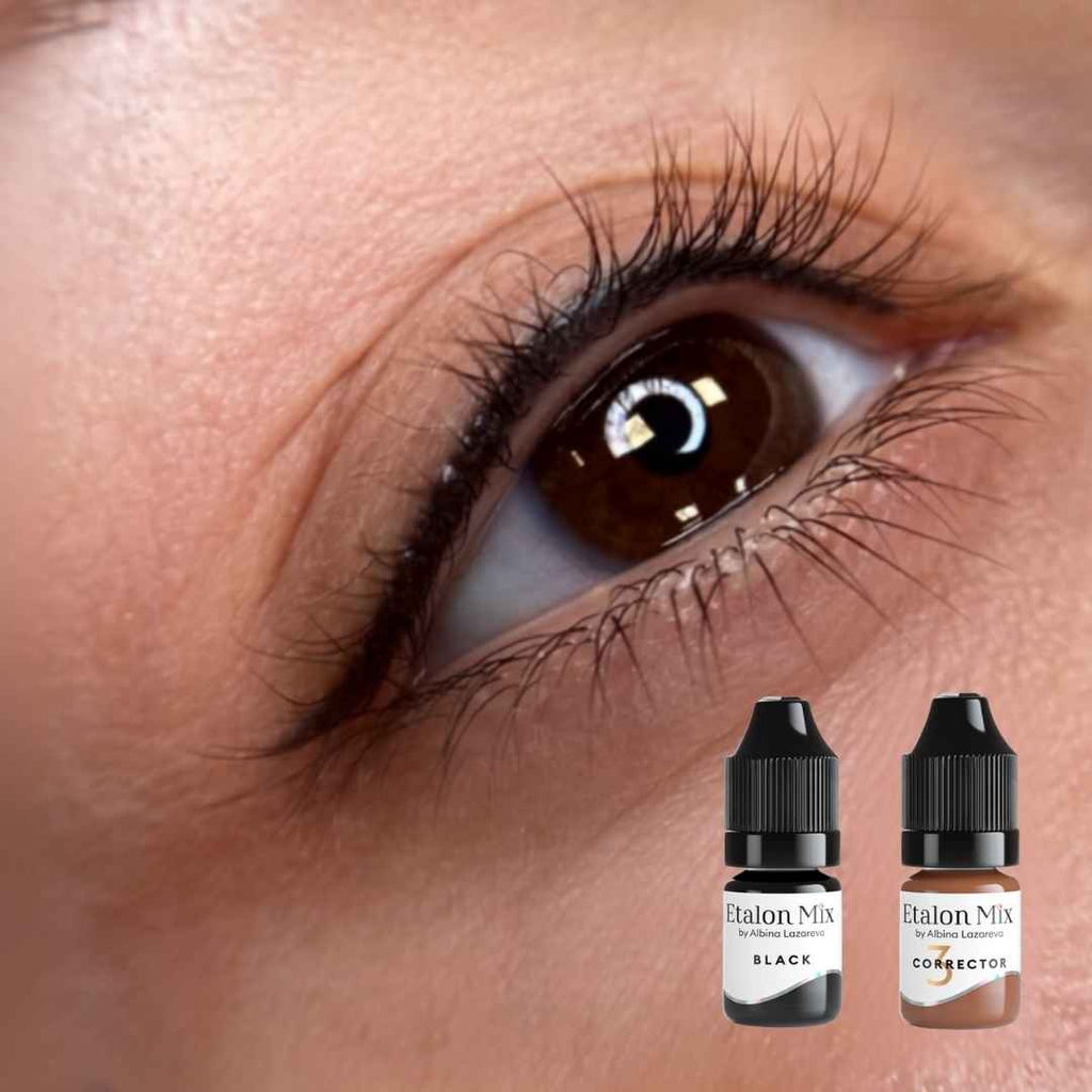 tratamiento de eyeliner negro con Etalon Mix Eyelids Black y Corrector 3 para ejercicios técnicos de micropigmentación