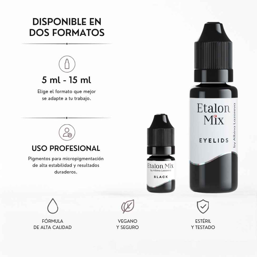 Etalon Mix Eyelids Black pigmento negro intenso para prácticas PMU sobre soportes sintéticos disponible en formatos de 5 ml y 15 ml