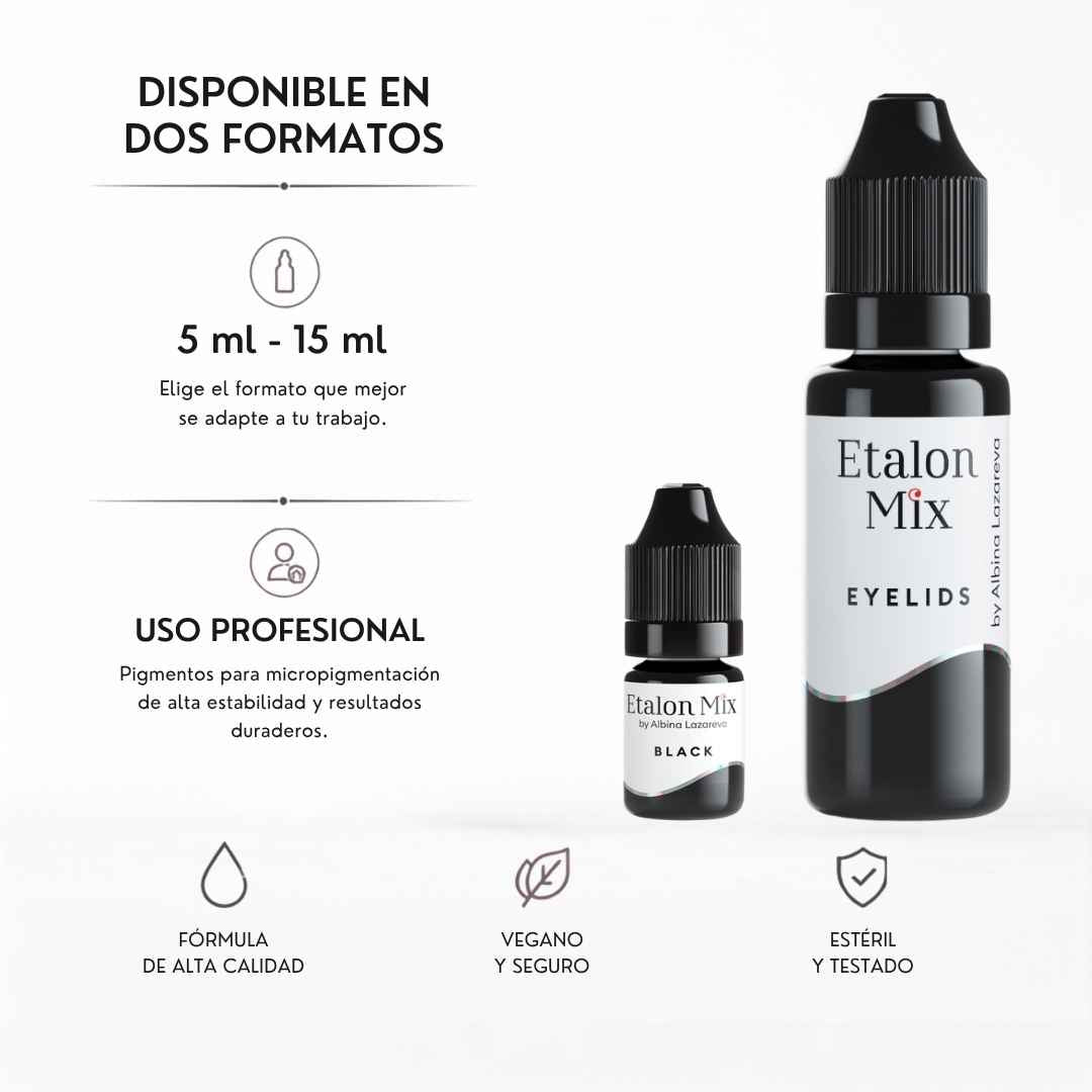 Etalon Mix Eyelids Black pigmento negro intenso para prácticas PMU sobre soportes sintéticos disponible en formatos de 5 ml y 15 ml