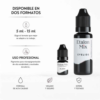 Etalon Mix Eyelids Black pigmento negro intenso para prácticas PMU sobre soportes sintéticos disponible en formatos de 5 ml y 15 ml