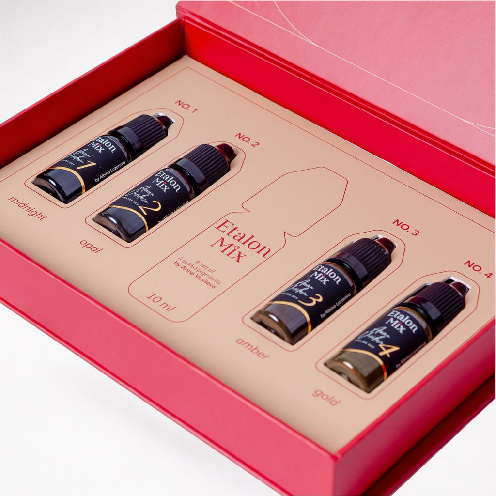 Etalon Mix Eyelids Set by Anna Vasileva 4x10 ml con cuatro pigmentos profesionales para eyeliner, línea infraciliar y sombreado de párpados en estuche original abierto.