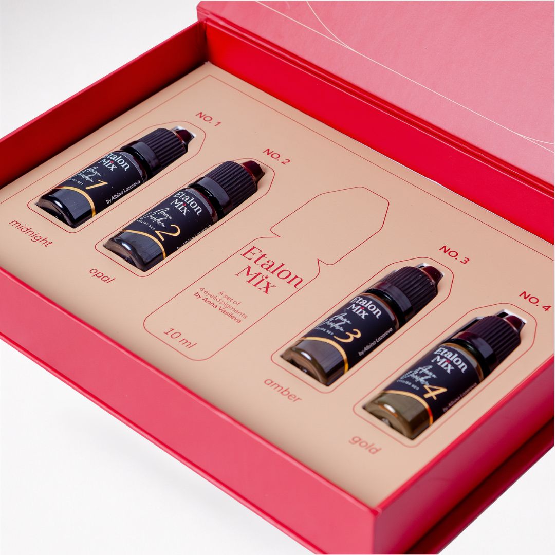 Etalon Mix Eyelids Set by Anna Vasileva 4x10 ml con cuatro pigmentos profesionales para eyeliner, línea infraciliar y sombreado de párpados en estuche original abierto.