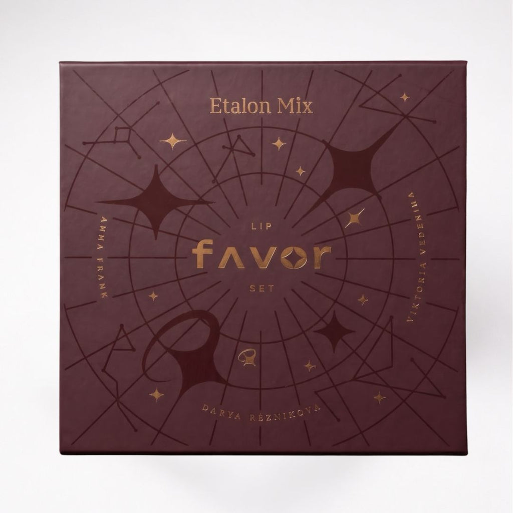 Caja del set Etalon Mix Favor Lips con nueve pigmentos profesionales para micropigmentación de labios. Colección colaborativa con tres artistas internacionales de PMU.