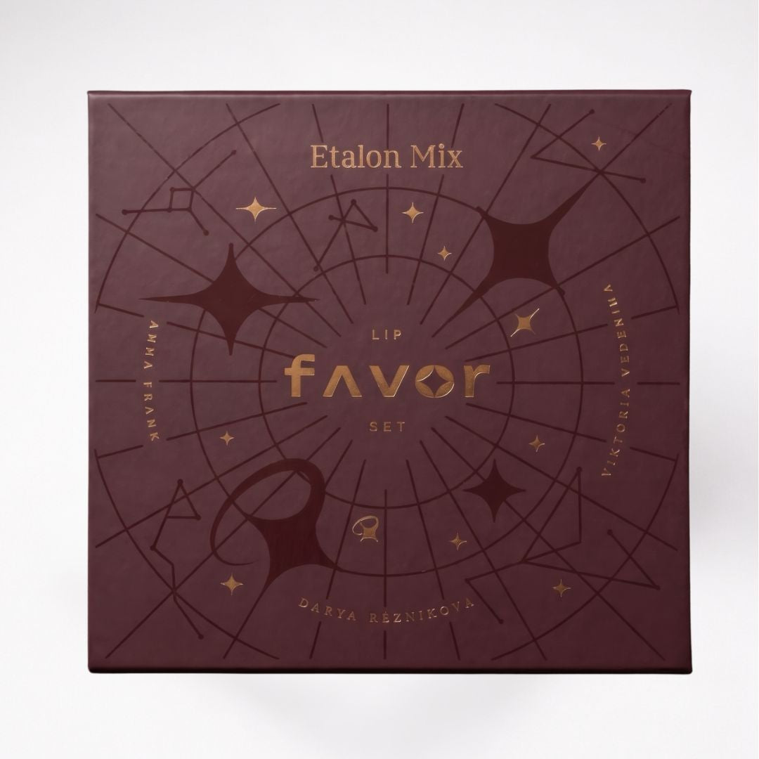Caja del set Etalon Mix Favor Lips con nueve pigmentos profesionales para micropigmentación de labios. Colección colaborativa con tres artistas internacionales de PMU.