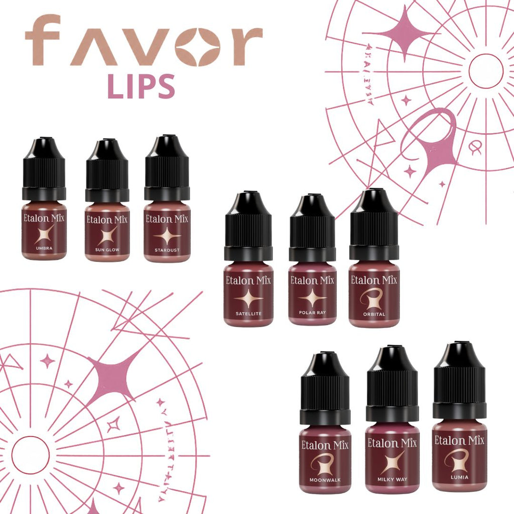 Colección Etalon Mix Favor Lips con los nueve pigmentos profesionales para labios. Sistema de color desarrollado junto a Anna Frank, Darya Reznikova y Viktoria Vedenina.