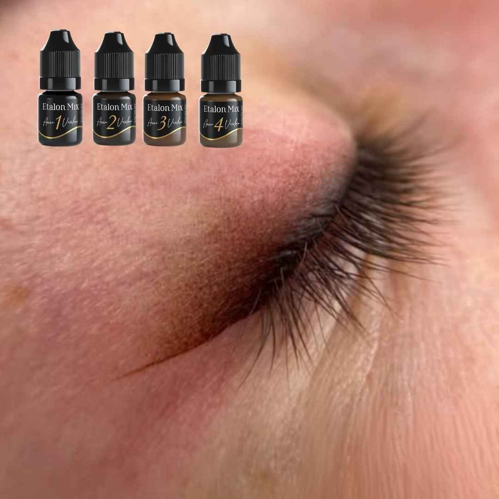 Simulación visual de eyeliner difuminado y degradado cromático con Etalon Mix Gold 4 sobre diseño de referencia profesional