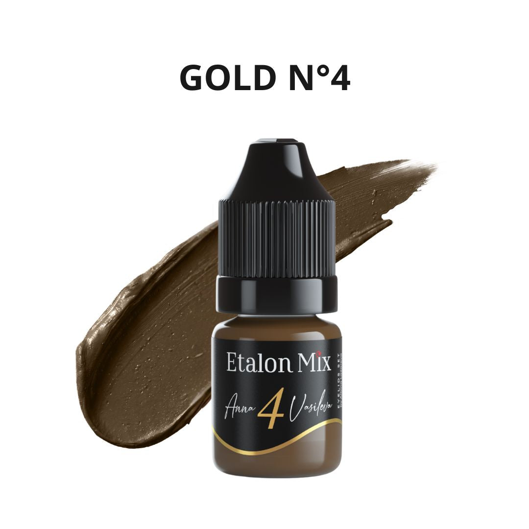 Pigmento PMU Etalon Mix Gold Nº4 para micropigmentación de ojos, tono amarillo frío ideal para iluminar degradados y equilibrar mezclas profesionales.