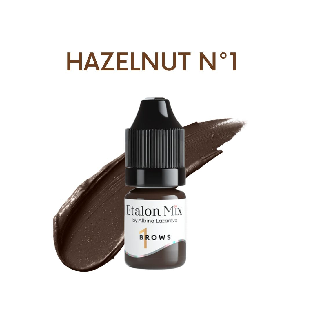 Pigmento híbrido PMU Etalon Mix Hazelnut Nº1 para cejas marrón natural versátil con swatch de color y formato profesional de 5 ml