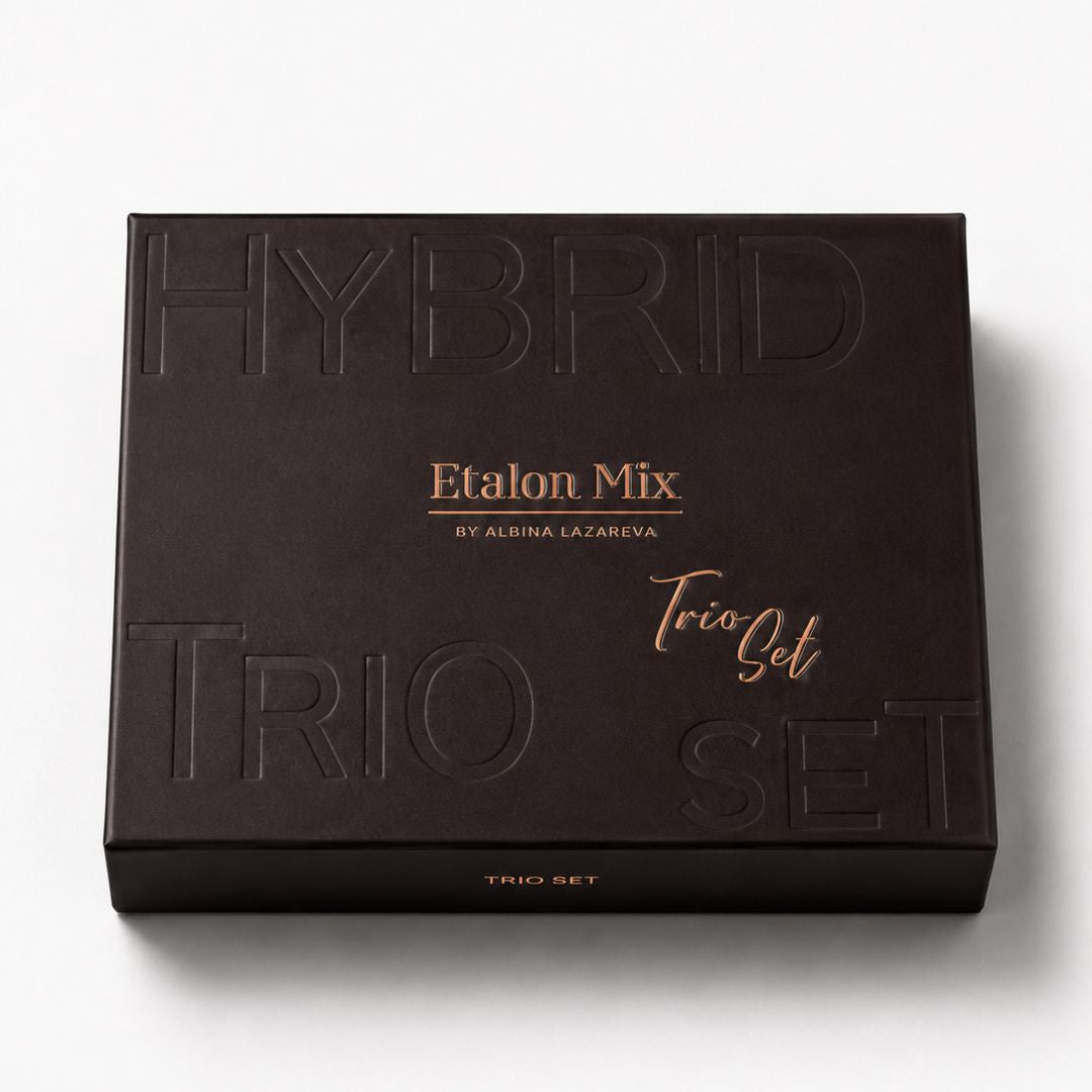 Caja oficial Etalon Mix Hybrid Line Magic Trio Set con pigmentos híbridos profesionales para cejas destinados a micropigmentación PMU.