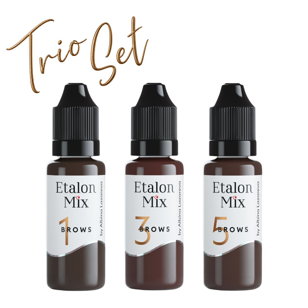 Etalon Mix Hybrid Line Magic Trio Set con pigmentos Hazelnut Nº1, Cognac Nº3 y Dark Chocolate Nº5 para micropigmentación profesional de cejas.