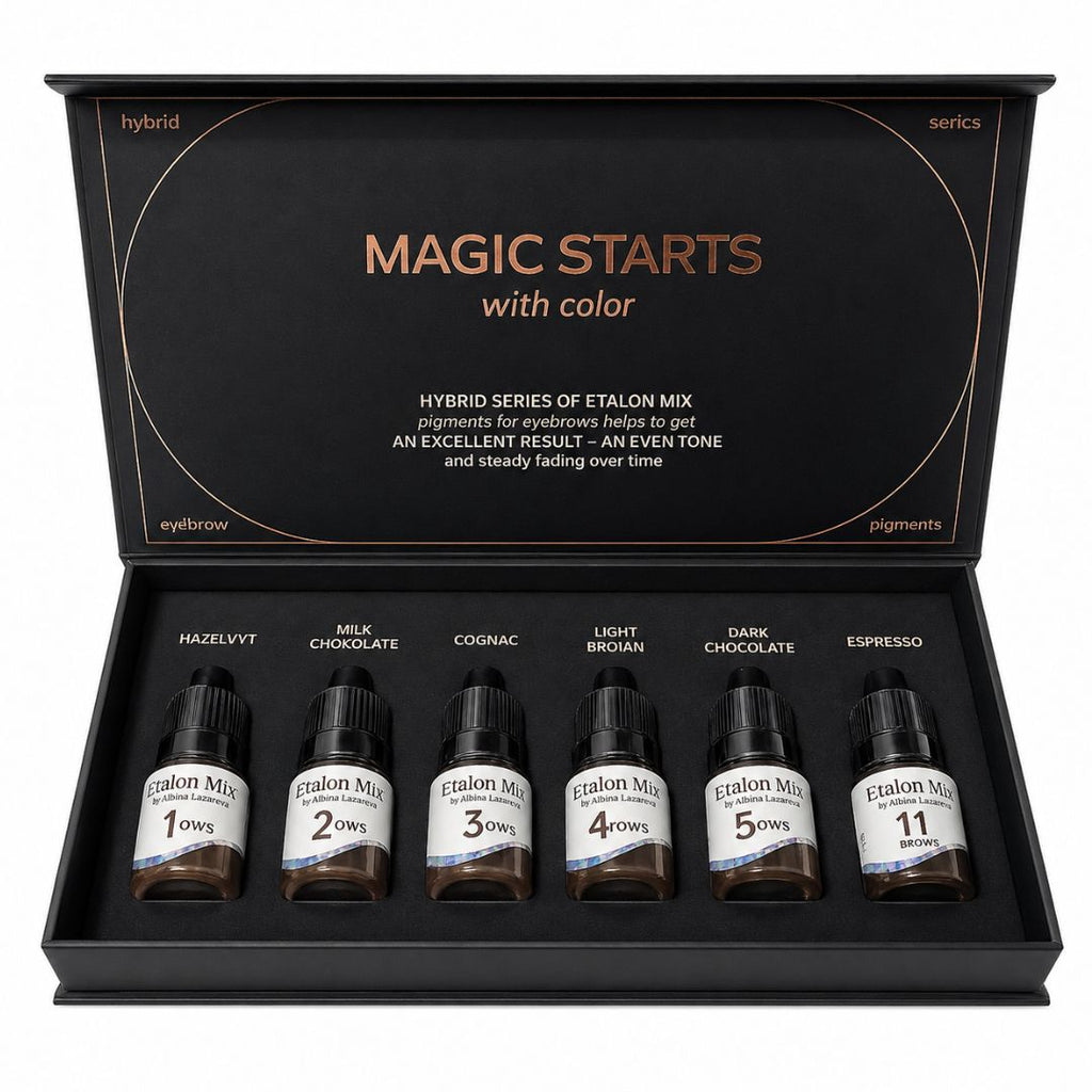 Caja abierta Etalon Mix Hybrid Set con seis pigmentos profesionales para micropigmentación de cejas en frascos de 5 ml