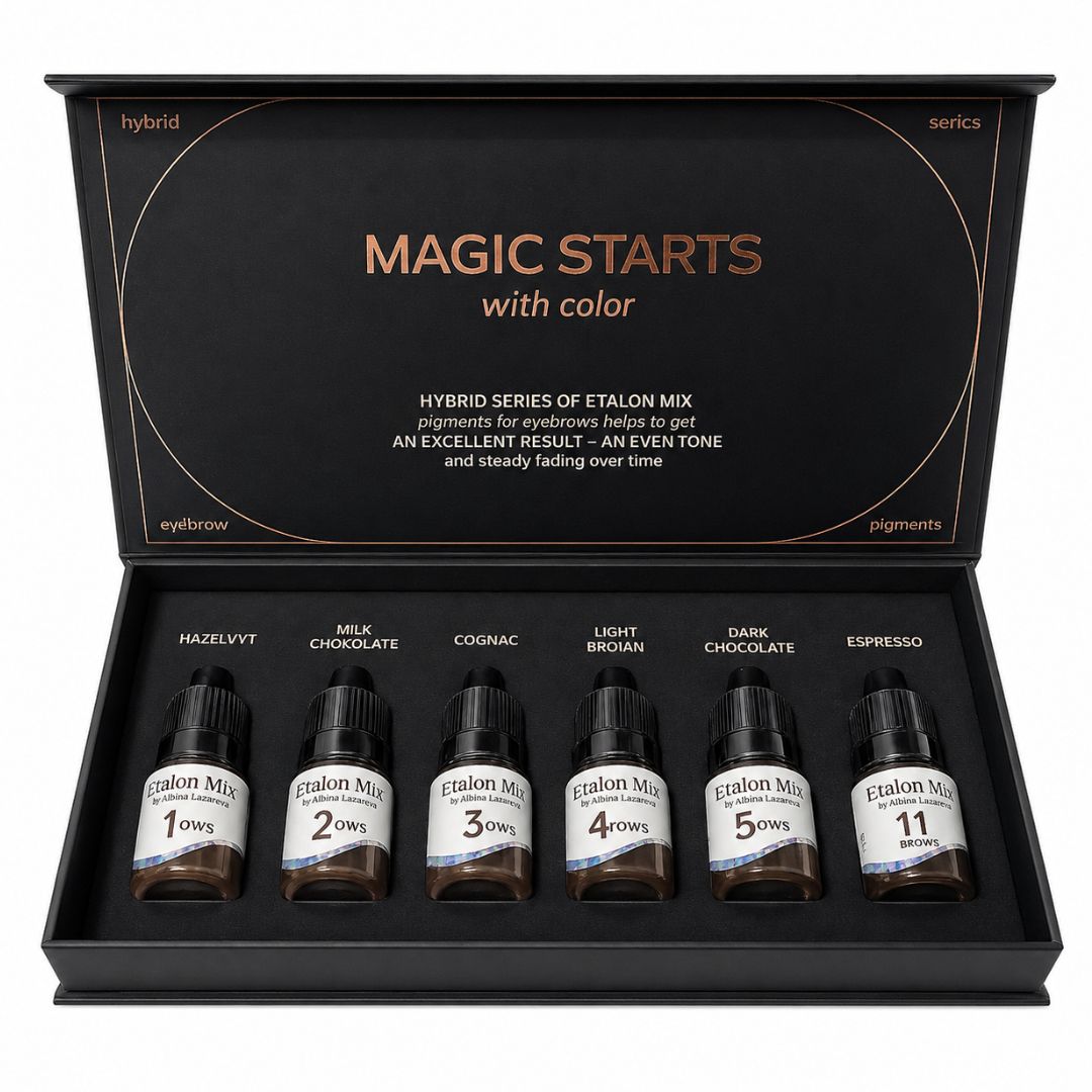 Caja abierta Etalon Mix Hybrid Set con seis pigmentos profesionales para micropigmentación de cejas en frascos de 5 ml