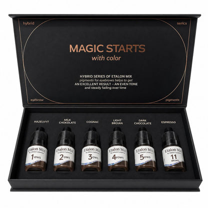 Caja abierta Etalon Mix Hybrid Set con seis pigmentos profesionales para micropigmentación de cejas en frascos de 5 ml