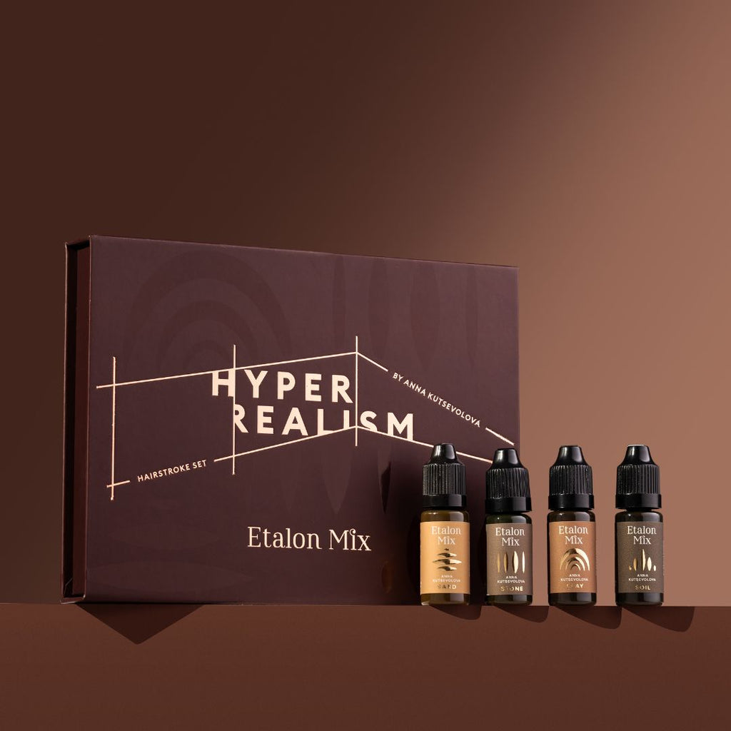 Etalon Mix Hyperrealism Hairstroke Set con packaging y cuatro pigmentos profesionales para cejas Sand, Stone, Clay y Soil de 10 ml