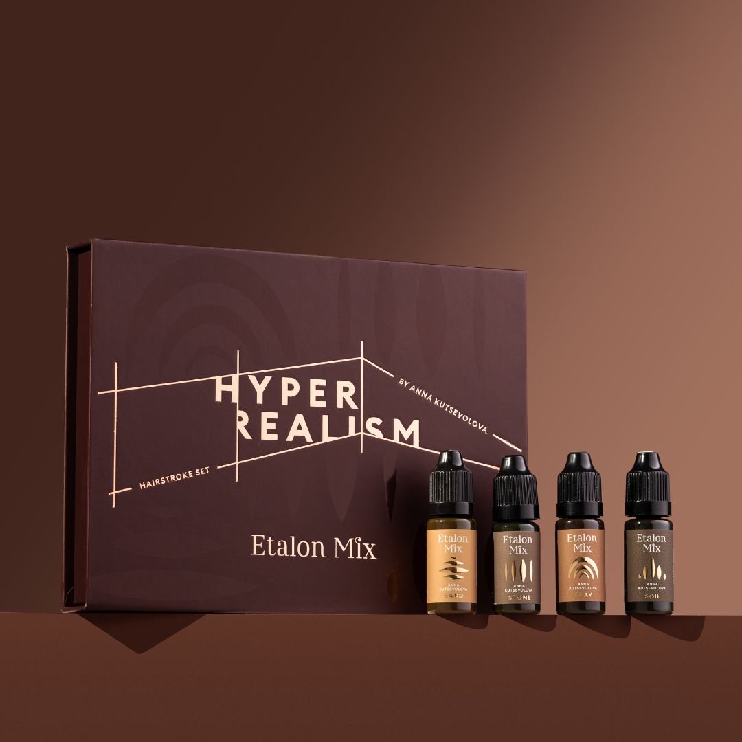 Etalon Mix Hyperrealism Hairstroke Set con packaging y cuatro pigmentos profesionales para cejas Sand, Stone, Clay y Soil de 10 ml