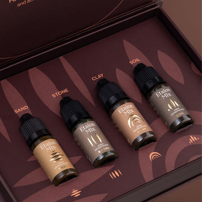 Caja abierta Etalon Mix Hyperrealism con pigmentos para cejas Sand, Stone, Clay y Soil diseñados para trazos hiperrealistas y hairstrokes
