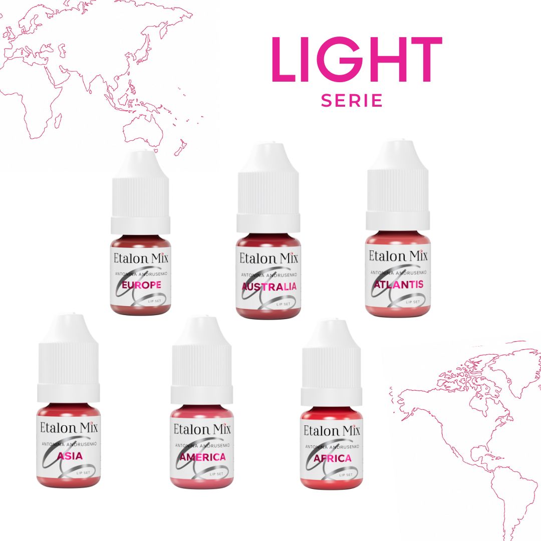 Etalon Mix Light Serie de Antonina Andrusenko con seis pigmentos minerales profesionales para micropigmentación de labios y creación de mezclas personalizadas.