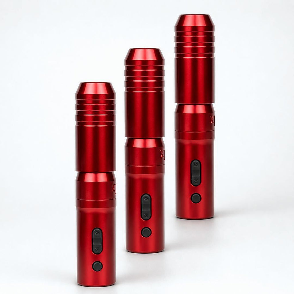 Máquina de micropigmentación Etalon Mix LILIT PRO wireless roja en distintas vistas para maquillaje permanente profesional