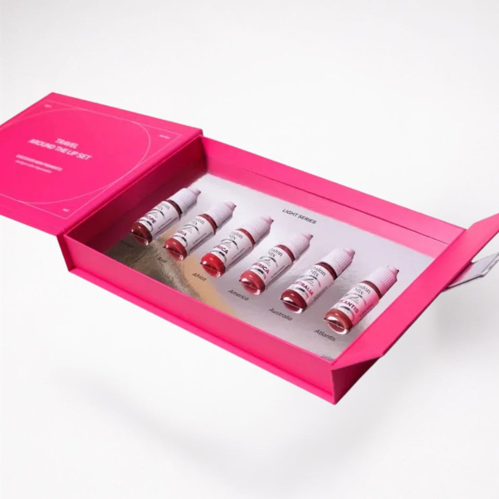 Etalon Mix Lip Set Antonina Andrusenko 6x5 ml con seis pigmentos minerales profesionales para micropigmentación de labios presentado en estuche original abierto.