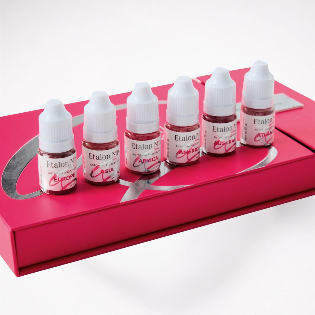 Seis pigmentos minerales Etalon Mix Lip Set Antonina Andrusenko 6x5 ml colocados sobre el estuche original para micropigmentación profesional de labios.