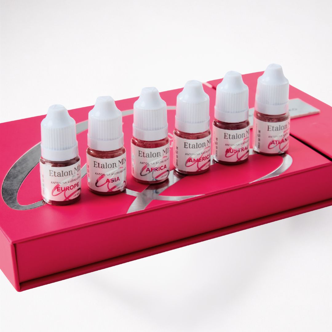 Seis pigmentos minerales Etalon Mix Lip Set Antonina Andrusenko 6x5 ml colocados sobre el estuche original para micropigmentación profesional de labios.