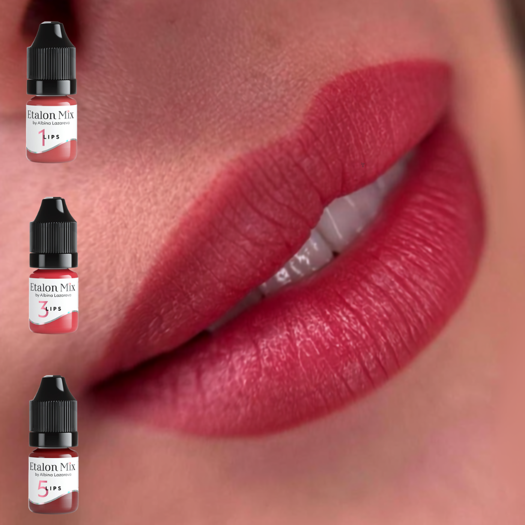 Resultado visual en labios con mezcla de pigmentos Etalon Mix Lips N.º 1, N.º 3 y N.º 5 para un efecto rosa rojizo intenso