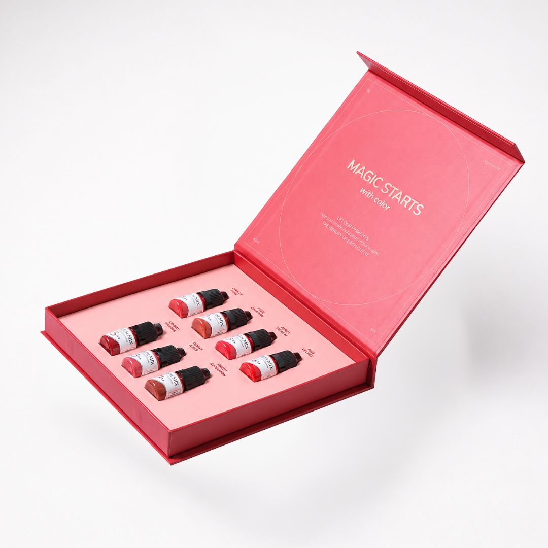 Set abierto Etalon Mix Lips Mini Set con siete pigmentos PMU para labios de 5 ml en tonos rosas, rojos, berry, cereza y nude