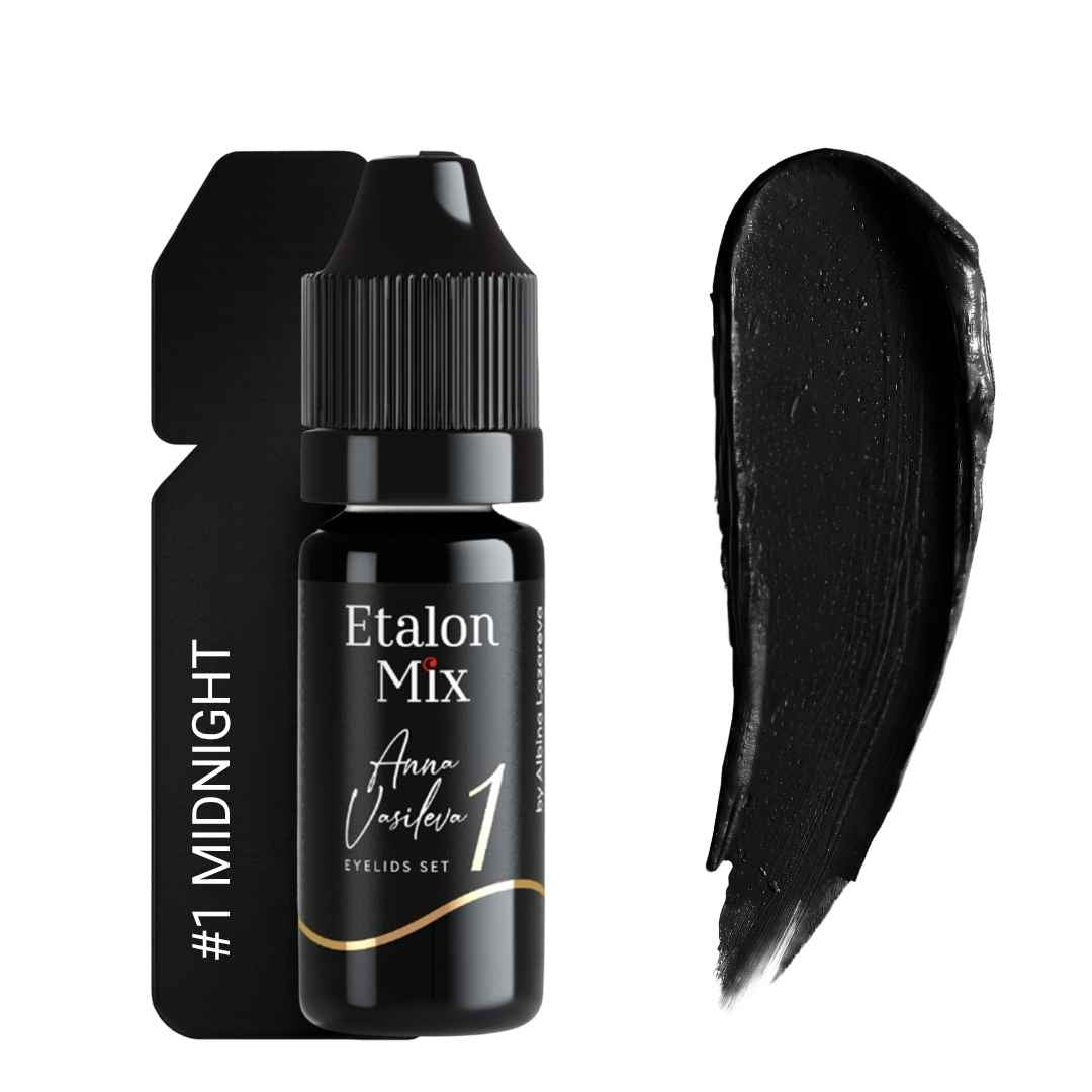 Pigmento PMU Etalon Mix Midnight 1 para eyeliner negro intenso con swatch de alta saturación y frasco profesional
