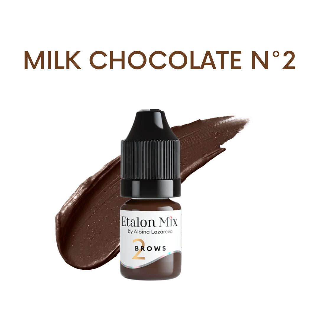 Pigmento híbrido PMU Etalon Mix Milk Chocolate Nº2 para cejas marrón con base naranja, swatch de color y formato de 5 ml