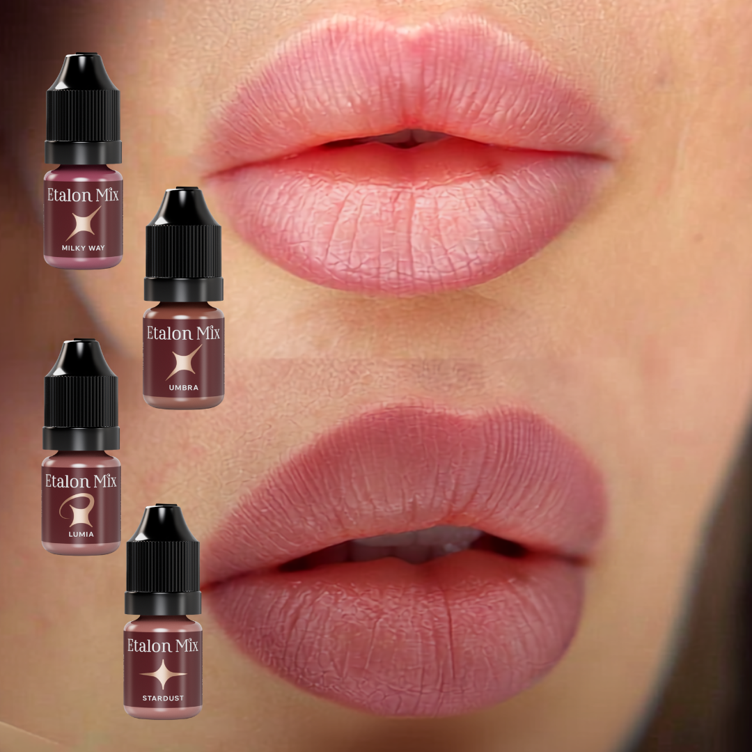 Resultado de micropigmentación de labios con mezcla de Etalon Mix Milky Way Umbra Lumia y Stardust para un tono nude malva personalizado
