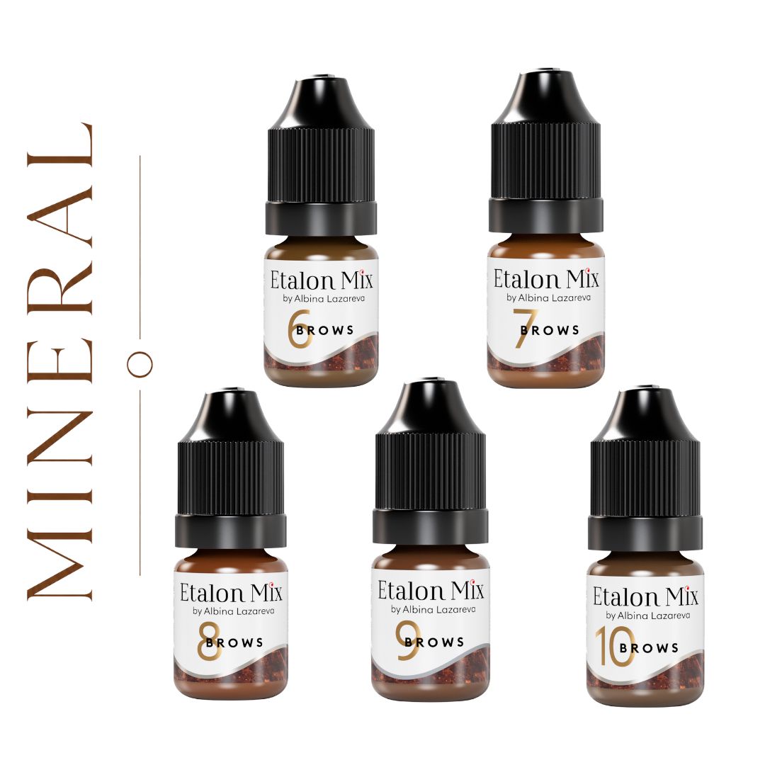 Colección Etalon Mix Mineral Line con los cinco pigmentos minerales profesionales para cejas PMU: Taupe, Pecan, Tiziano, Sepia y Arabica. Sistema completo de color para micropigmentación.