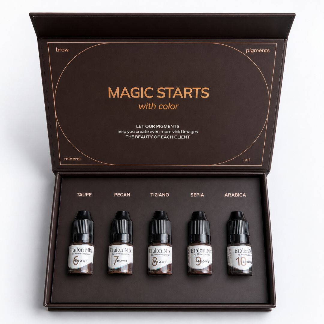 Set Etalon Mix Mineral Line para micropigmentación de cejas con 5 pigmentos minerales profesionales (Taupe, Pecan, Tiziano, Sepia y Arabica). Kit PMU para cejas disponible en 5x5 ml y 5x10 ml.