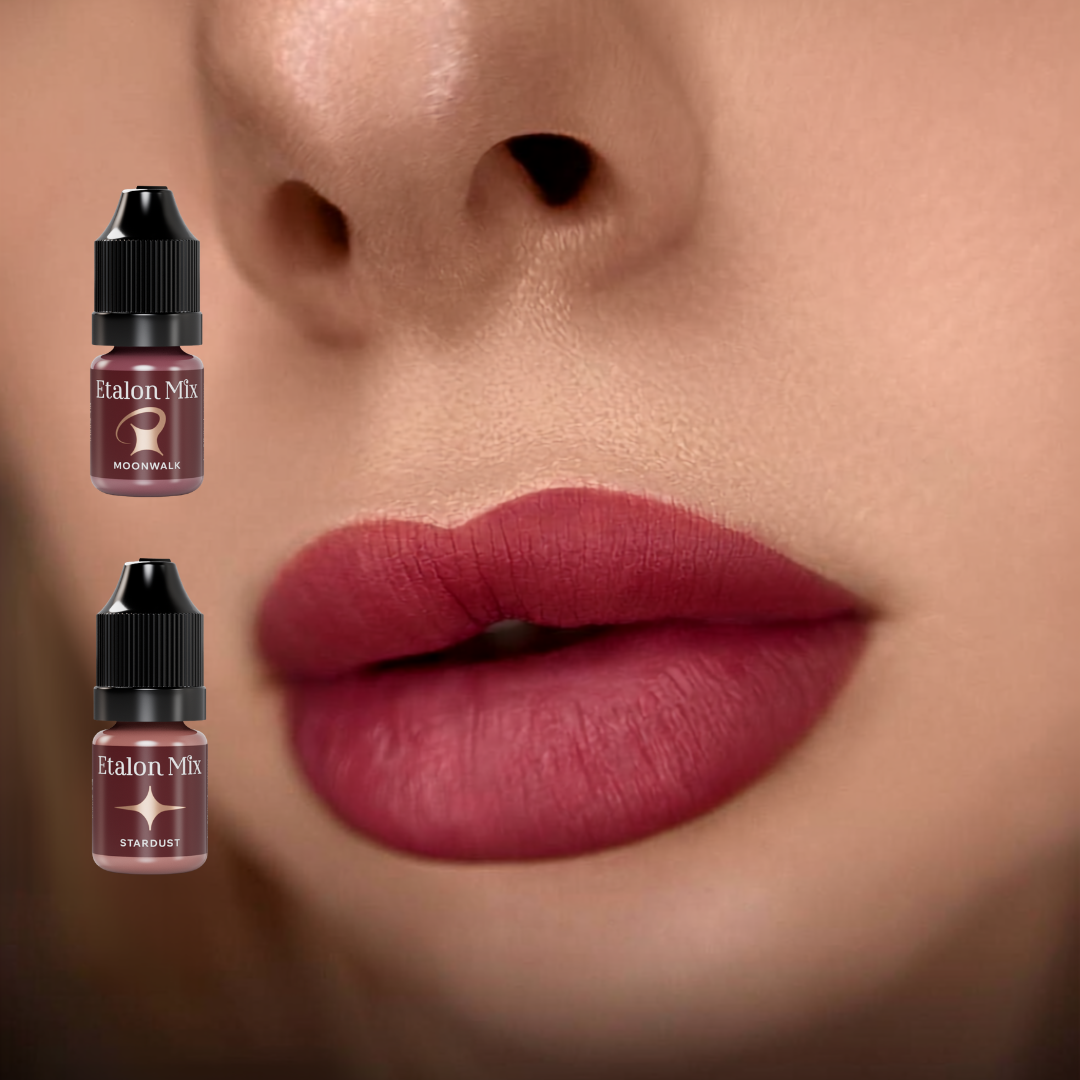 Resultado de micropigmentación de labios con mezcla Etalon Mix Moonwalk y Stardust en tono malva rosado profundo