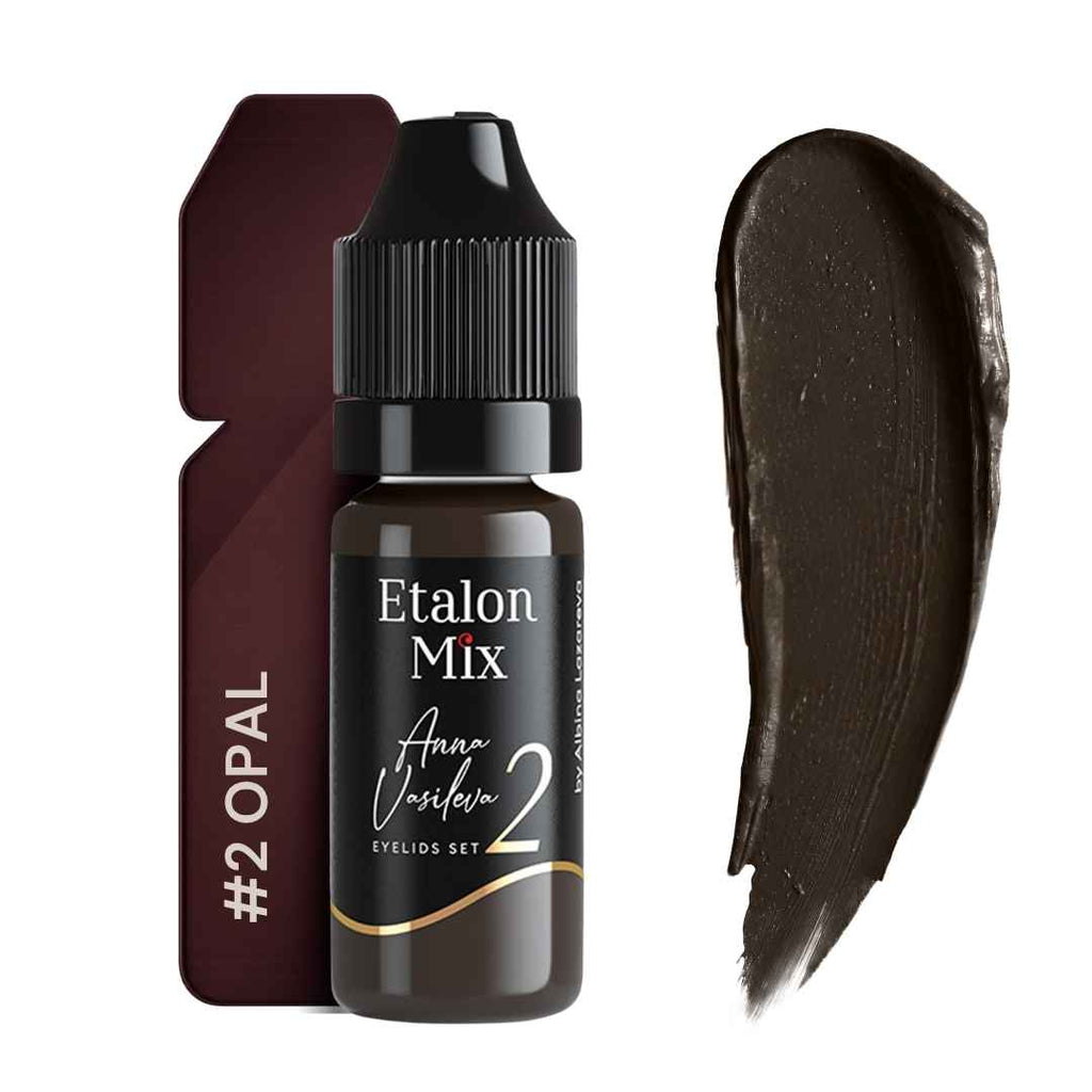Pigmento PMU Etalon Mix Opal 2 para eyeliner marrón negro rojizo con swatch oscuro de alta intensidad y base borgoña