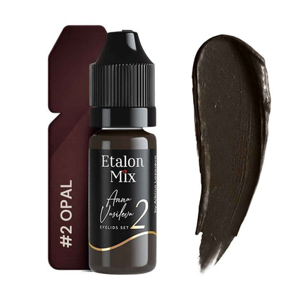 Pigmento PMU Etalon Mix Opal 2 para eyeliner marrón negro rojizo con swatch oscuro de alta intensidad y base borgoña