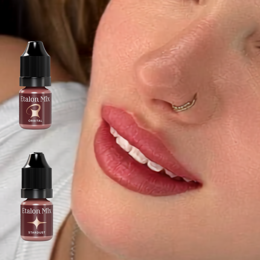 Resultado de micropigmentación de labios con mezcla Etalon Mix Orbital y Stardust en tono rosa natural equilibrado