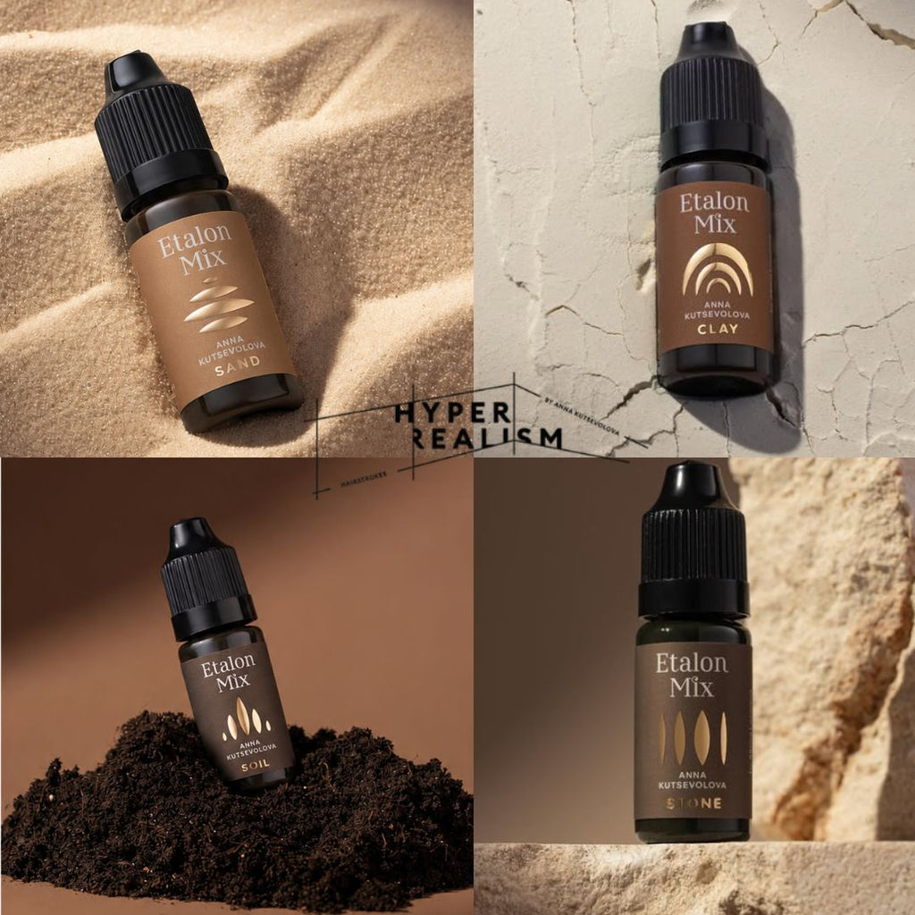 Set abierto Etalon Mix Permanent Atlas Hyperrealism con cuatro pigmentos PMU de 10 ml para técnicas pelo a pelo y cejas naturales
