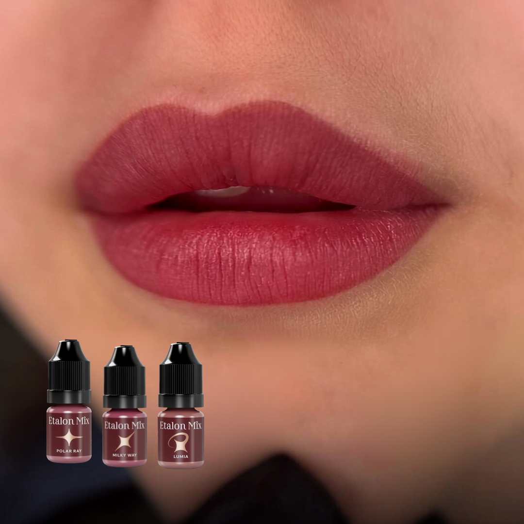 Resultado de micropigmentación de labios con mezcla Etalon Mix Polar Ray Milky Way y Lumia en tono rosa intenso equilibrado