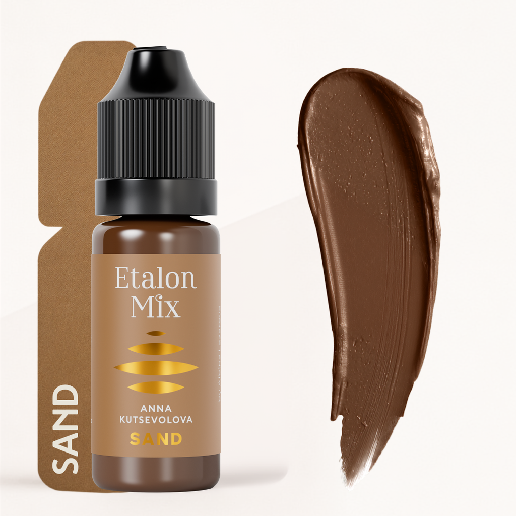 Textura y swatch Etalon Mix Sand pigmento marrón arena rubio cálido para cejas alopecia y técnicas de pelo hiperrealista