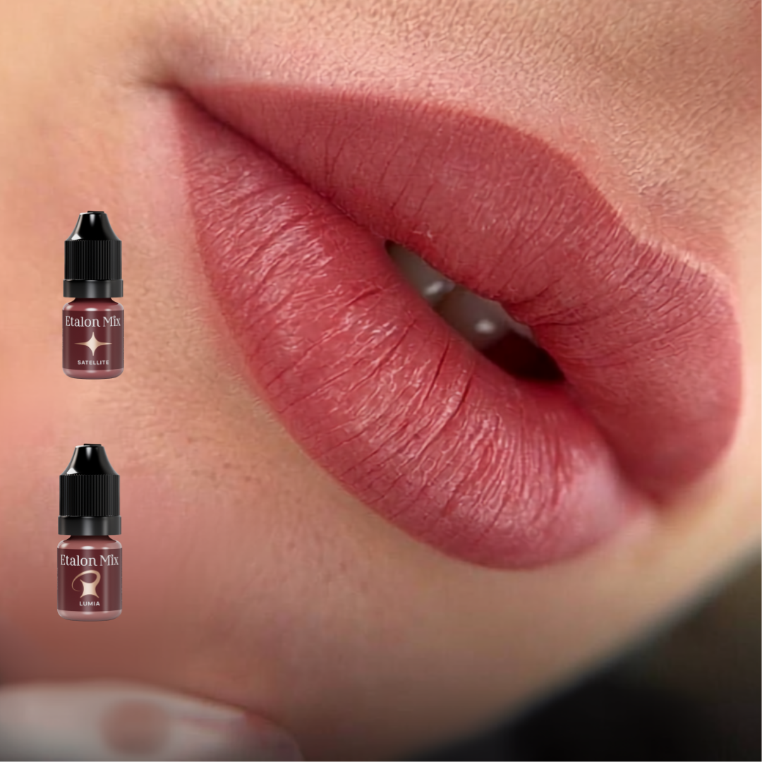 Resultado de micropigmentación de labios con mezcla de Etalon Mix Satellite y Lumia para un tono rosa vino equilibrado